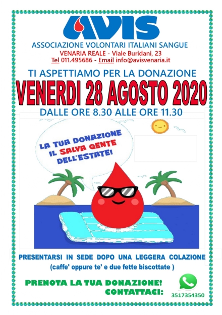 VENARIA - Venerdì 28 donazione mensile di sangue all'Avis