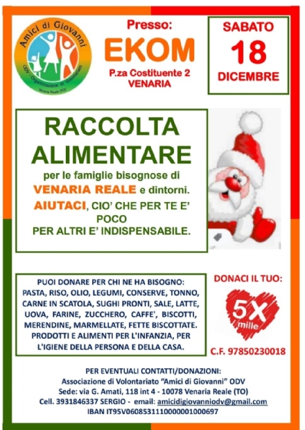 VENARIA - Sabato la raccolta alimentare natalizia degli Amici di Giovanni al supermercato Ekom