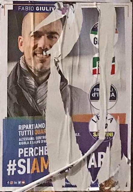 VENARIA - Teppisti in azione: strappati alcuni manifesti del candidato sindaco Fabio Giulivi