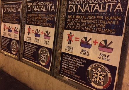 VENARIA - Manifesti di Casa Pound per promuovere il reddito nazionale di natalità