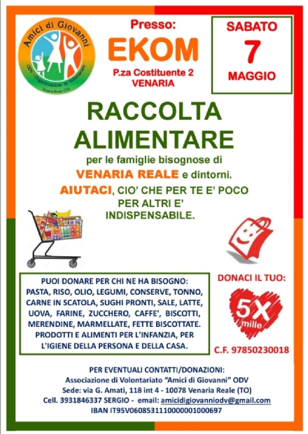 VENARIA - Domani la raccolta alimentare degli Amici di Giovanni al supermercato Ekom
