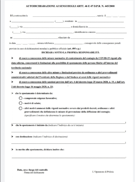 CORONAVIRUS ECCO IL COPRIFUOCO - Non si potrà uscire dalle 23 alle 5 ECCO L'AUTOCERTIFICAZIONE