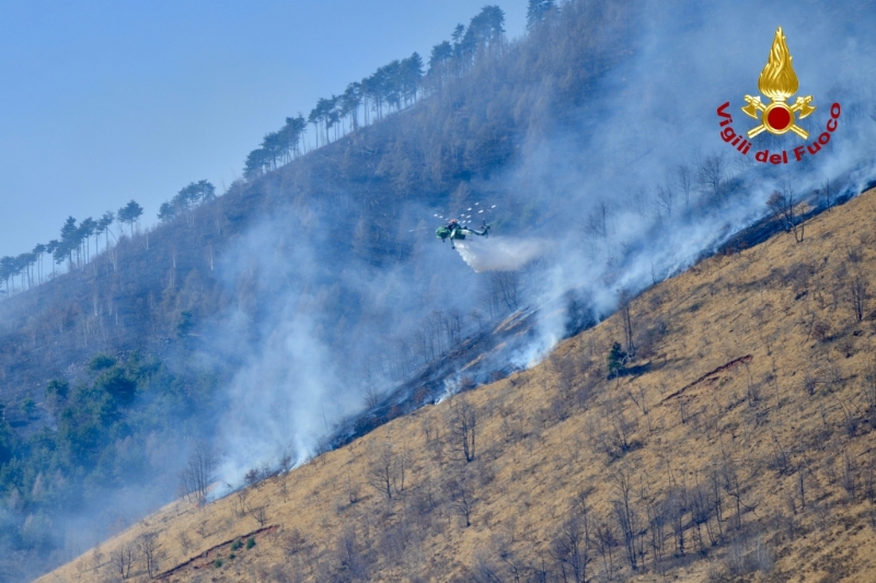 VAL DELLA TORRE - Incendio boschivo: la situazione è in miglioramento. In azione l'elicottero