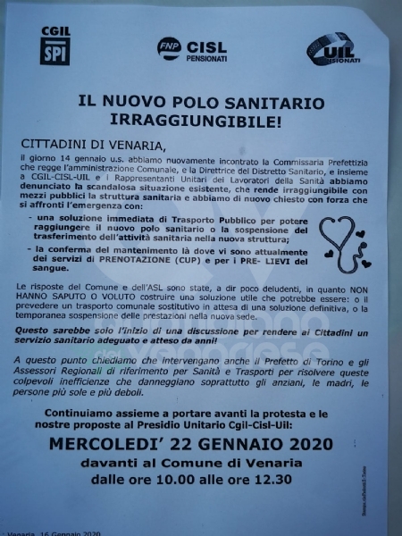 VENARIA - Protesta dei sindacati sotto il municipio: «Sui trasporti per il nuovo polo sanitario intervengano Regione e Prefetto»